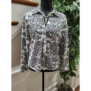 Chico's Women's Black & White Cotton Collared Button Down Short Sleeve Shirt 2